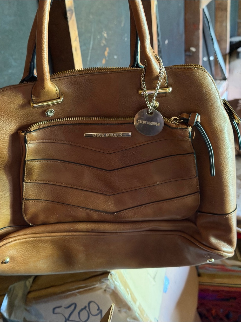 Steve Madden Brown Leather Satchel with Front Zip Pocket